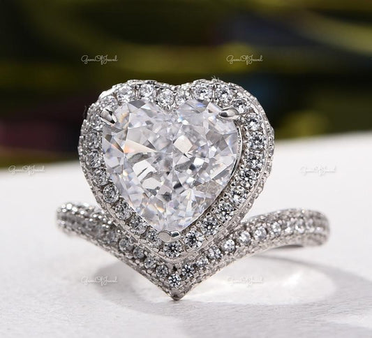 Heart Shape Moissanite Diamond With Halo And 3/4th Eternity Band Engagement Ring for her, gift for her, heart shape diamond ring
