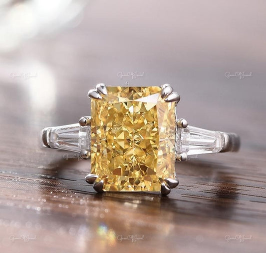 Yellow Radiant Lab Simulated Cut Sapphire Stone Three Stone Ring With Side Trapezoid Moissanite Diamond Ring For Her, Yellow Diamond Ring
