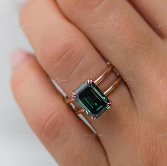 3 ct Emerald Cut Green Diamond Solitaire Emerald Stone Ring Synthetic Lab Simulated Stone Gold Ring, Engagement Ring, Green Emerald Ring