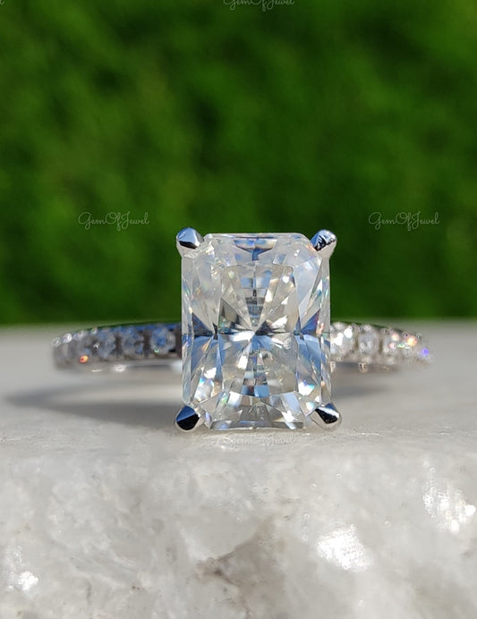 Radiant Diamond Moissanite With Halo Of Round Moissanite Diamond, Engagement Ring, Radiant Diamond Ring, Radiant Moissanite Diamond Ring