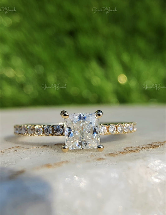 Princess Cut Moissanite Diamond Promise Ring With Round Moissanite Half Eternity Band , Engagement Ring For Her, Dainty Ring Gift For her