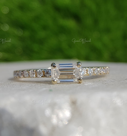 East West Set Emerald Cut Moissanite Diamond Promise Ring With Round Moissanite Half Eternity Band , Dainty Ring For Her, Ring Gift For her