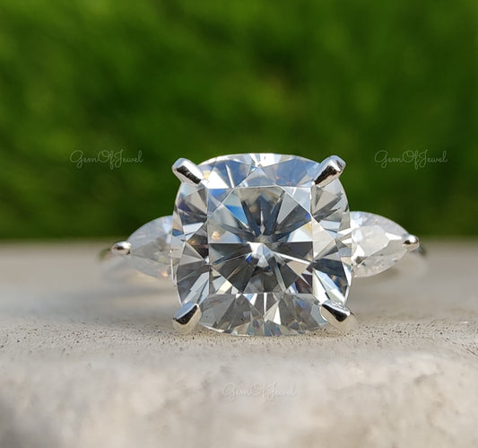 Cushion Moissanite Diamond 3 Stone With Pear Moissanite Diamond, Three Stone Ring For Wedding Ring , Cushion Moissanite Diamond Ring For Her
