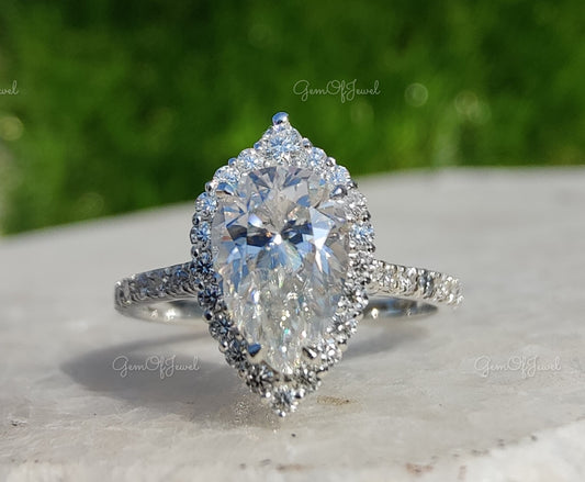 Pear Cut Moissanite Diamond Engagement Ring, 2CT Diamond With Halo Engagement Ring Moissanite Diamond Engagement Ring, Pear Diamond Ring