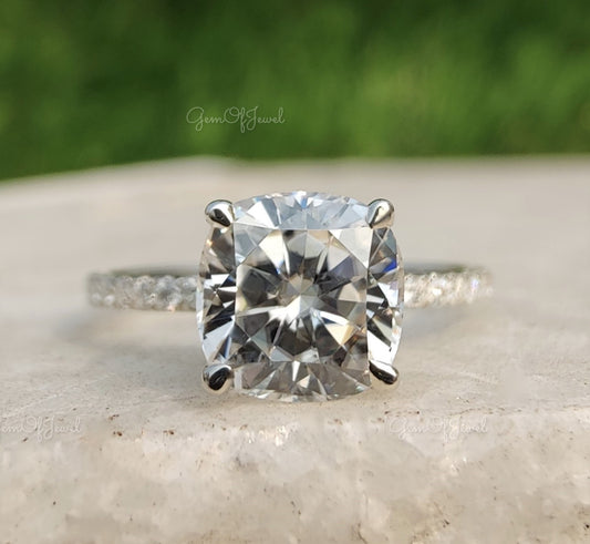 Cushion Cut Moissanite Diamond Engagement Ring With Halo Of Round Moissanite Diamond Engagement Ring For Her, Cushion Diamond Ring For Her