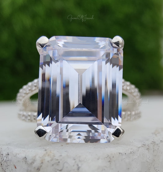 Emerald Moissanite Diamond 7CT Diamond With Halo Split Shank Ring Gift For Her, Engagement Ring, Anniversary Ring, Big Diamond Ring For Her