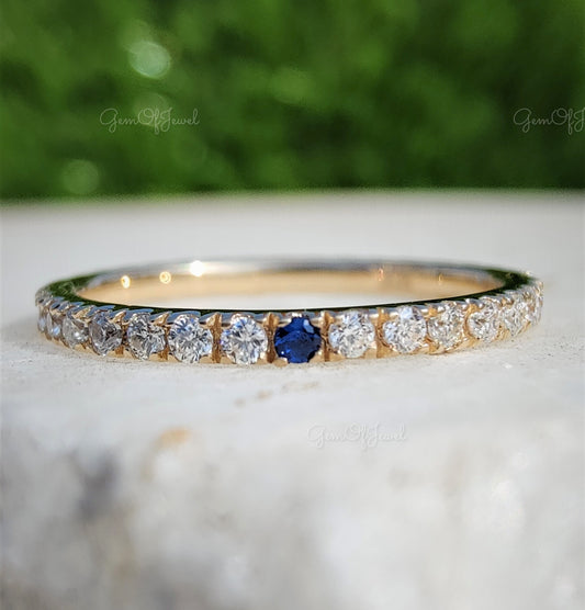 Round Moissanite Diamond Band, Round Diamond Matching Wedding Band Band Full Eternity Diamond Band For Her With One Blue Sapphire Diamond