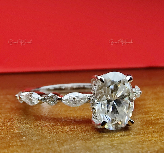1 CT Oval Cut Moissanite Diamond With Side Round And Marquise Moissanite Diamonds Gold Engagement Ring , Oval Moissanite Ring For Her