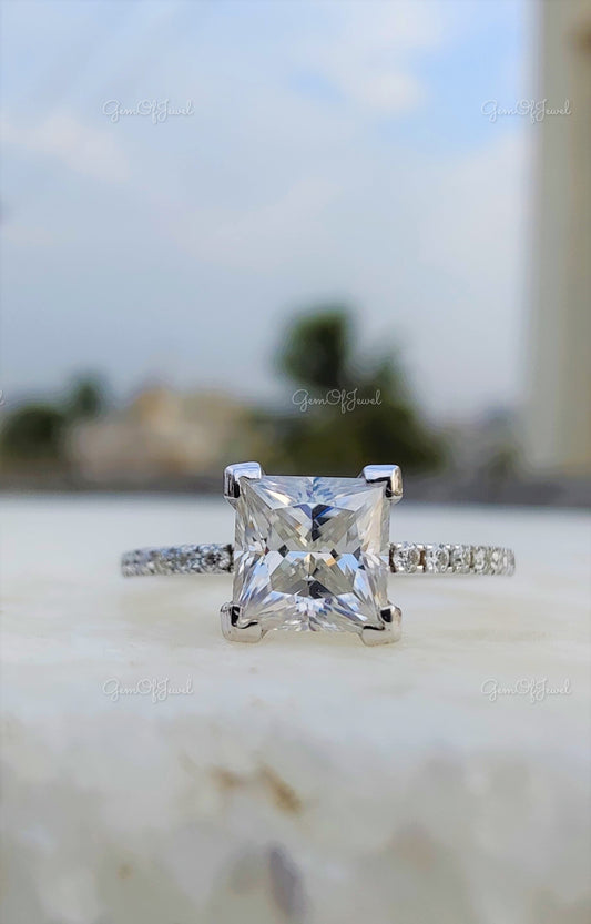 Princess Cut Moissanite Diamond Engagement Ring With Round Moissanite Eternity Band , Engagement Ring For Her, Gift For her, Princess Ring