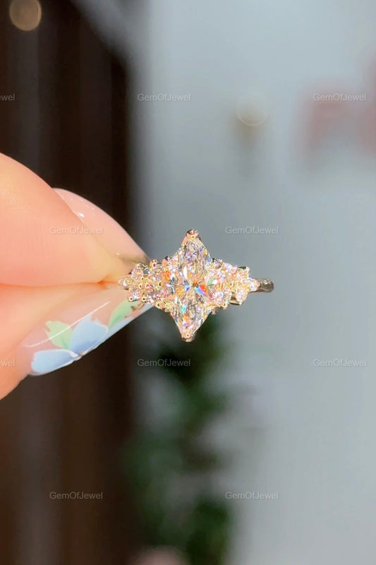 1CT Marquise Diamond Moissanite Ring With Side Round Moissanite Diamond, 1CT Diamond Ring For Her, Cluster Setting Ring, 1CT Marquise Ring