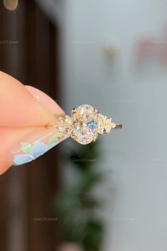 1.50 CT Oval Diamond Moissanite Ring With Side Round Moissanite Diamond, 2CT Diamond Ring For Her, Cluster Setting Ring, 1.5CT Oval Ring