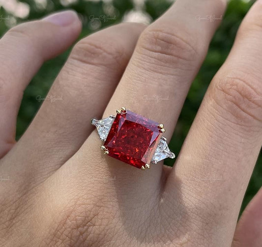 Ruby Stone Square Radiant Cut Three Stone Ring With Side Triangle Moissanite Diamond Gold Ring Gift For Her Engagement Ring, Red Ruby Stone
