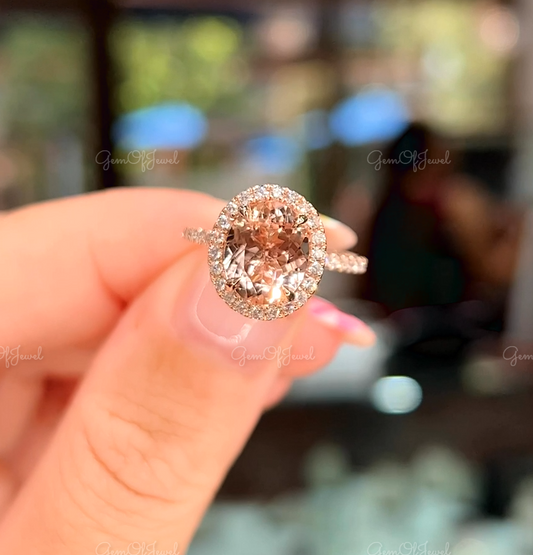 Oval Cut Morganite Diamond Halo Ring, Lotus Prong Morganite Diamond Ring, Petal Prong Oval Cut Morganite Diamond Ring, Morganite Stone Ring