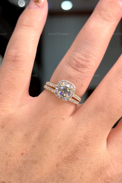 1CT Round Moissanite With Halo Engagement Ring, Round Cut Ring With Diamonds On Prong, 1CT Round Cut Ring With Matching Band Bridal Ring Set