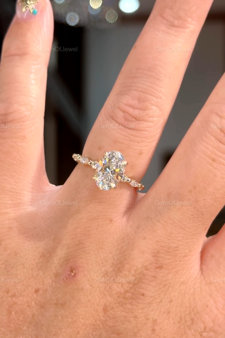 2ct Oval Moissanite Diamond Engagement Ring With Side Stone Marquise And Round Moissanite 14K Gold Hidden Halo Ring, Oval Bubble Band Ring
