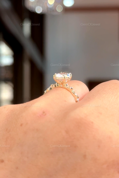 2ct Oval Moissanite Diamond Engagement Ring With Side Stone Marquise And Round Moissanite 14K Gold Hidden Halo Ring, Oval Bubble Band Ring