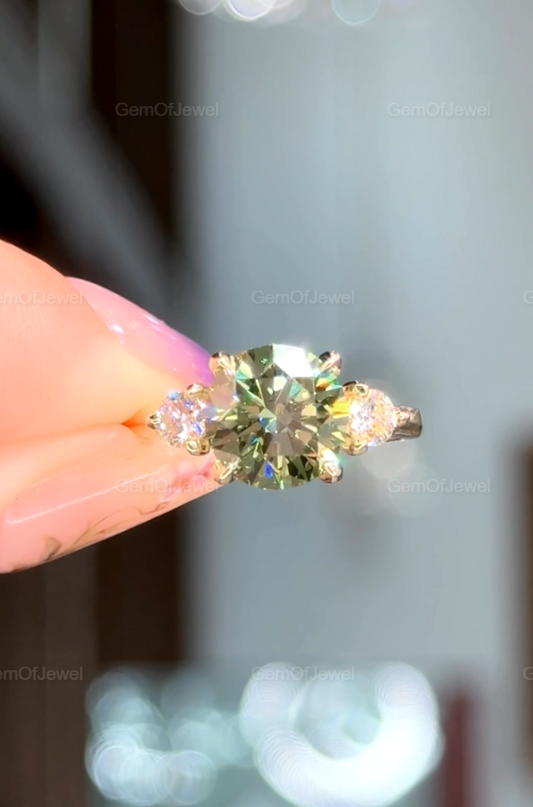 Three Stone Round Cut Peridot Ring, 8.50 MM Round Peridot Trilogy Lab Sapphire Engagement Ring, Side Round Cut Moissanite Diamond Ring,