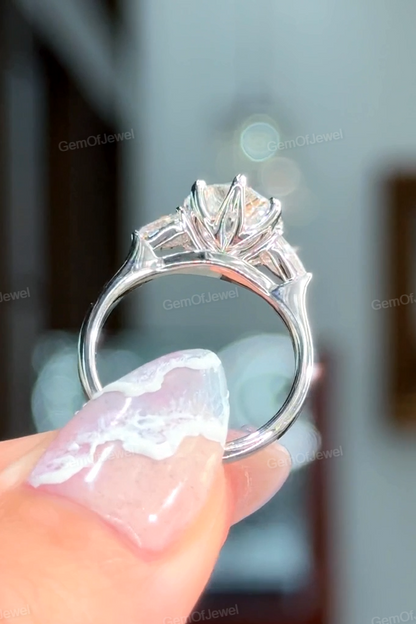 Heart Cut Moissanite Diamond With Pear Moissanite Three Stone Diamonds Ring, Lotus Prong And Tulip Prong Moissanite Diamond Ring, 2ct Ring