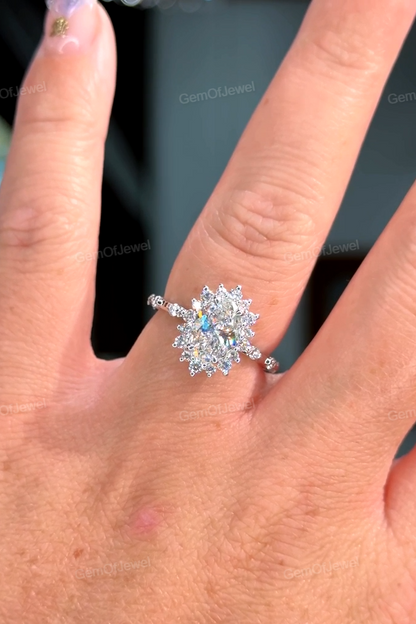 Oval Moissanite Diamond Ring, Flower Halo With Floating Bubble Diamonds Ring, Cluster Halo Pave Set Diamonds Ring, Oval Moissanite Ring