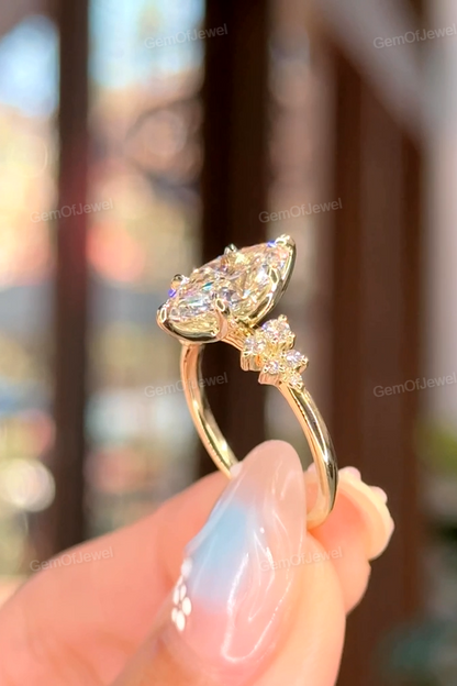 2CT Marquise Ring With Side Round Moissanite Diamond, 2CT Lotus Prong Diamond Ring For Her, Petal Prong Ring, Elegant 2CT Marquise Ring Gift