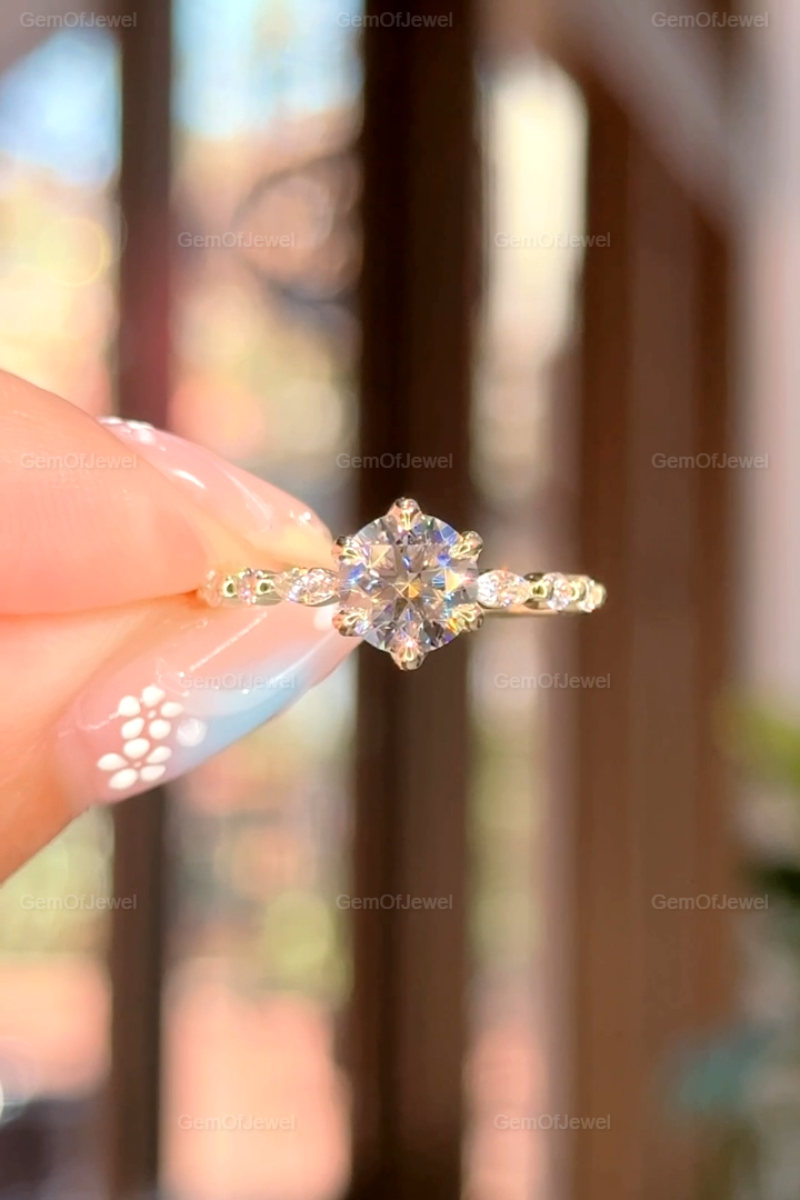 1CT Round Diamond Moissanite Engagement Ring, Lotus Prong With Side Stone Marquise And Round Diamond Bubble Band, Petal Prong Diamond Ring