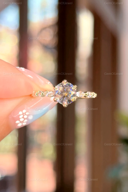 1CT Round Diamond Moissanite Engagement Ring, Lotus Prong With Side Stone Marquise And Round Diamond Bubble Band, Petal Prong Diamond Ring