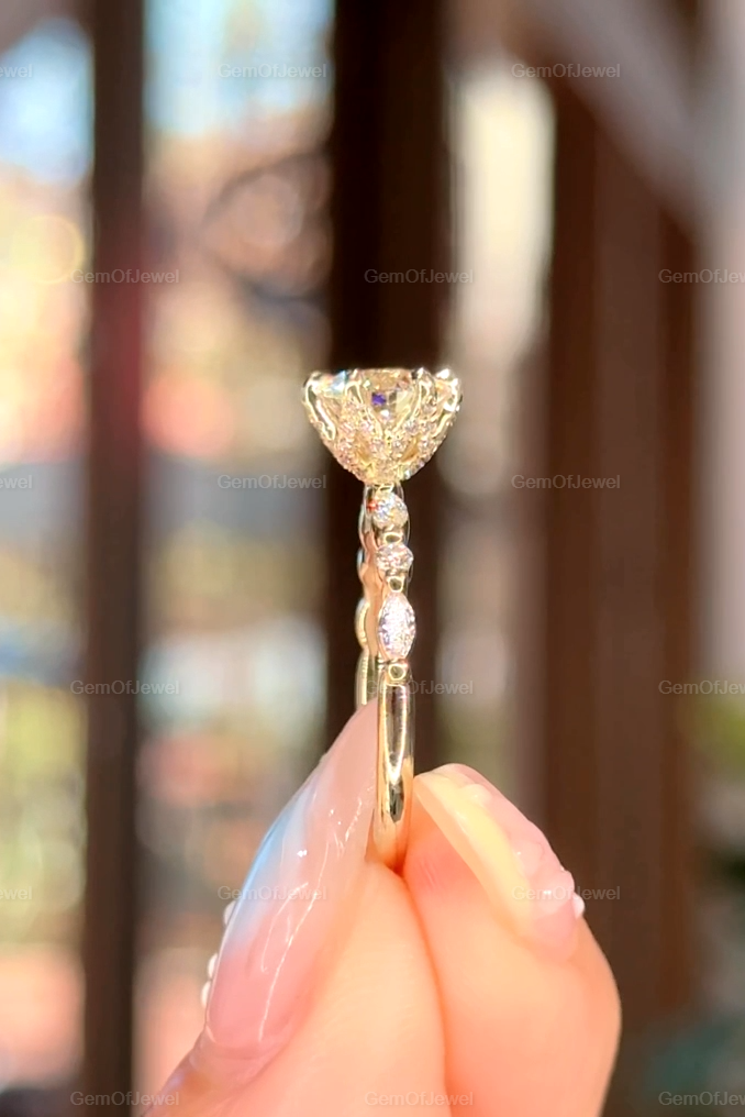 1CT Round Diamond Moissanite Engagement Ring, Lotus Prong With Side Stone Marquise And Round Diamond Bubble Band, Petal Prong Diamond Ring
