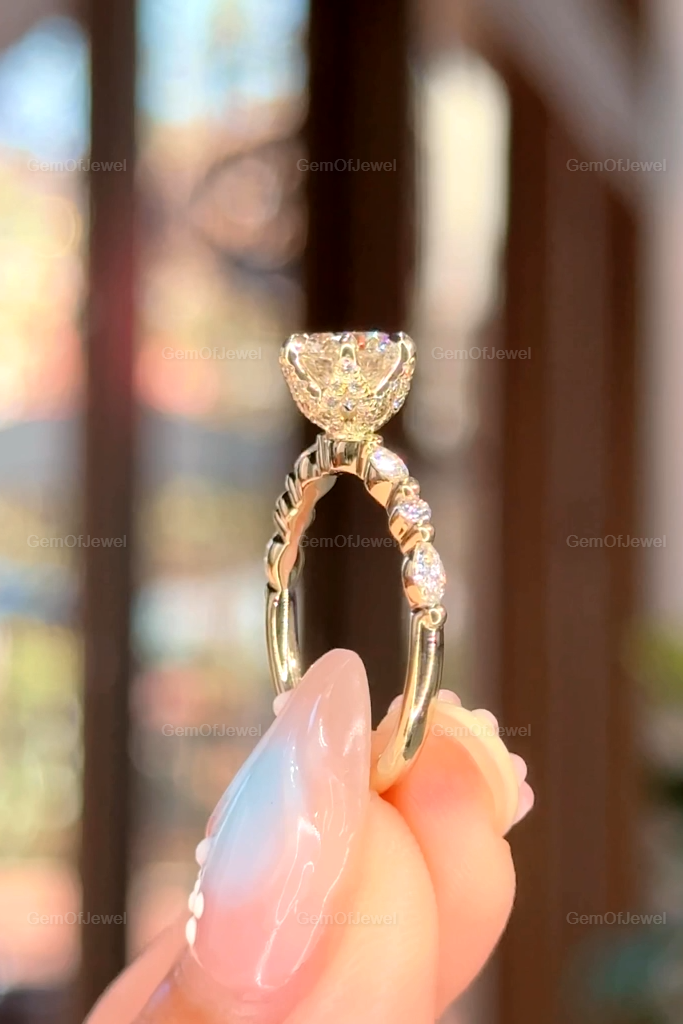 1CT Round Diamond Moissanite Engagement Ring, Lotus Prong With Side Stone Marquise And Round Diamond Bubble Band, Petal Prong Diamond Ring