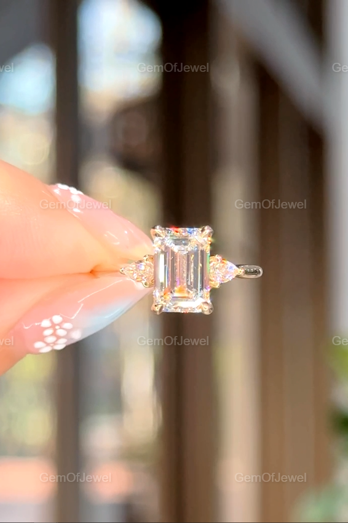 Emerald Moissanite Diamond 3 Stone Emerald Diamond With Side Pear Moissanite Diamonds Engagement Ring For Her, 1.8ct Emerald Diamond Ring