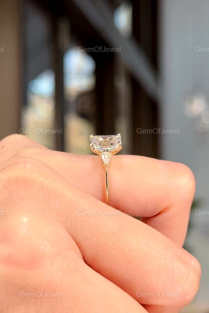 Emerald Moissanite Diamond 3 Stone Emerald Diamond With Side Pear Moissanite Diamonds Engagement Ring For Her, 1.8ct Emerald Diamond Ring