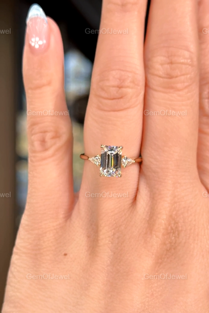Emerald Moissanite Diamond 3 Stone Emerald Diamond With Side Pear Moissanite Diamonds Engagement Ring For Her, 1.8ct Emerald Diamond Ring