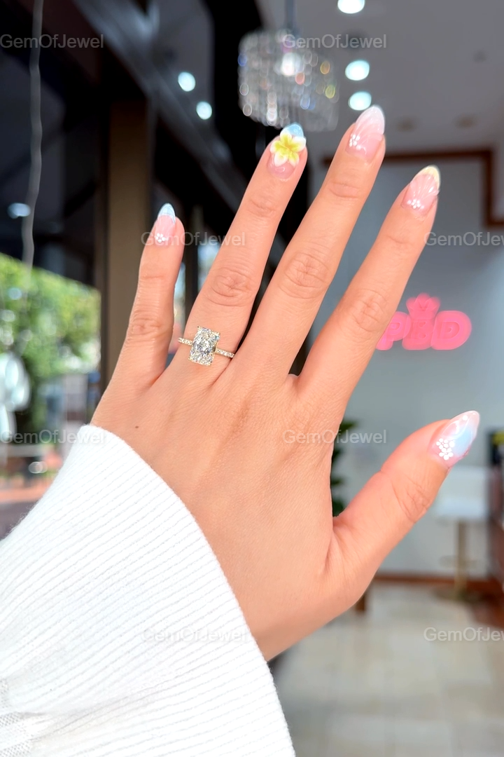 3CT Radiant Moissanite Engagement Ring With Hidden Halo And Pave Eternity Band, Stunning Radiant Diamond Halo Ring, Radiant Moissanite Ring