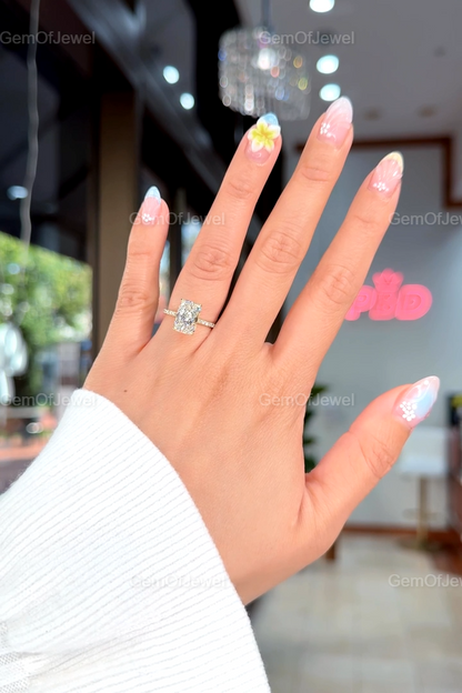 3CT Radiant Moissanite Engagement Ring With Hidden Halo And Pave Eternity Band, Stunning Radiant Diamond Halo Ring, Radiant Moissanite Ring