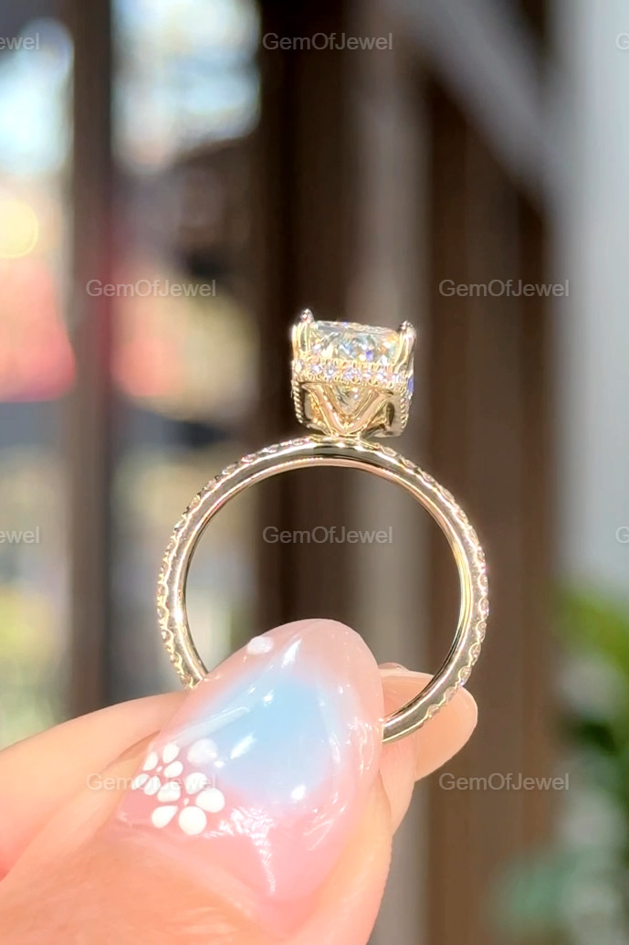 3CT Radiant Moissanite Engagement Ring With Hidden Halo And Pave Eternity Band, Stunning Radiant Diamond Halo Ring, Radiant Moissanite Ring
