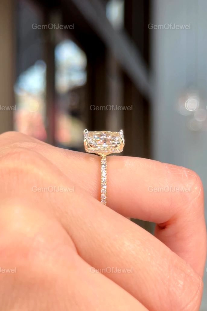 3CT Radiant Moissanite Engagement Ring With Hidden Halo And Pave Eternity Band, Stunning Radiant Diamond Halo Ring, Radiant Moissanite Ring
