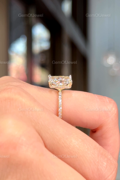 3CT Radiant Moissanite Engagement Ring With Hidden Halo And Pave Eternity Band, Stunning Radiant Diamond Halo Ring, Radiant Moissanite Ring