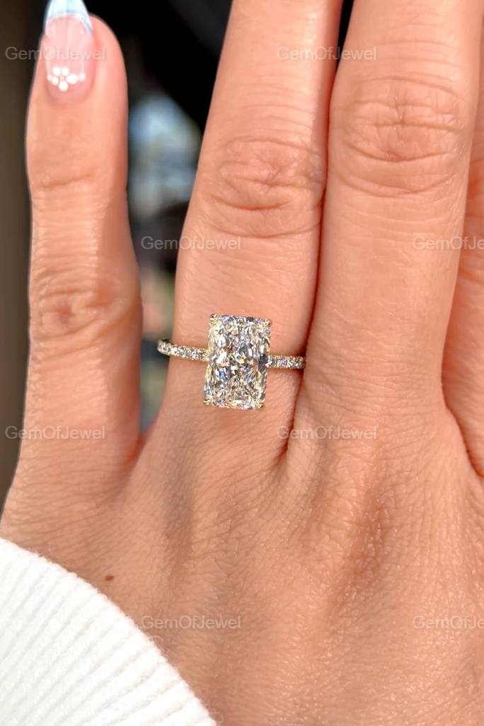 3CT Radiant Moissanite Engagement Ring With Hidden Halo And Pave Eternity Band, Stunning Radiant Diamond Halo Ring, Radiant Moissanite Ring