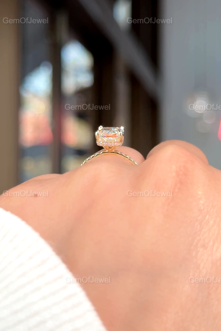 3CT Radiant Moissanite Engagement Ring With Hidden Halo And Pave Eternity Band, Stunning Radiant Diamond Halo Ring, Radiant Moissanite Ring
