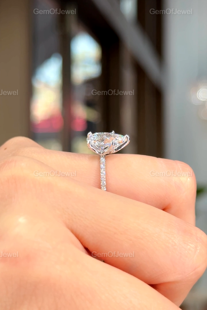 3CT Pear Moissanite Engagement Ring, Lotus Prong With Pave Diamond Eternity Band And Pear Cut Moissanite Ring, 3CT Pear Anniversary Gift