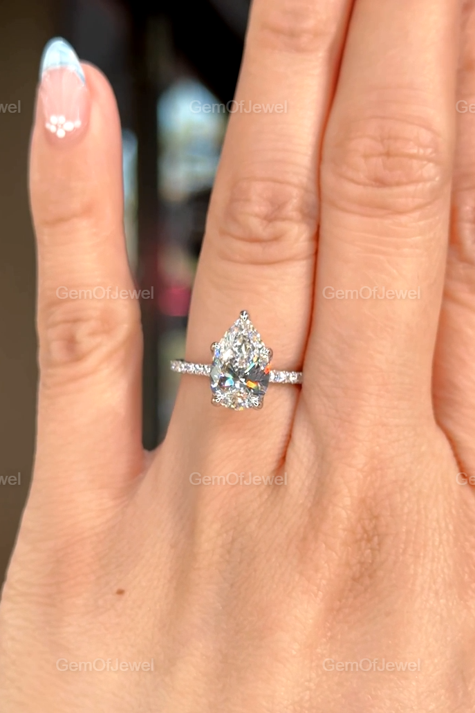 3CT Pear Moissanite Engagement Ring, Lotus Prong With Pave Diamond Eternity Band And Pear Cut Moissanite Ring, 3CT Pear Anniversary Gift