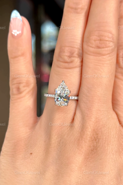 3CT Pear Moissanite Engagement Ring, Lotus Prong With Pave Diamond Eternity Band And Pear Cut Moissanite Ring, 3CT Pear Anniversary Gift