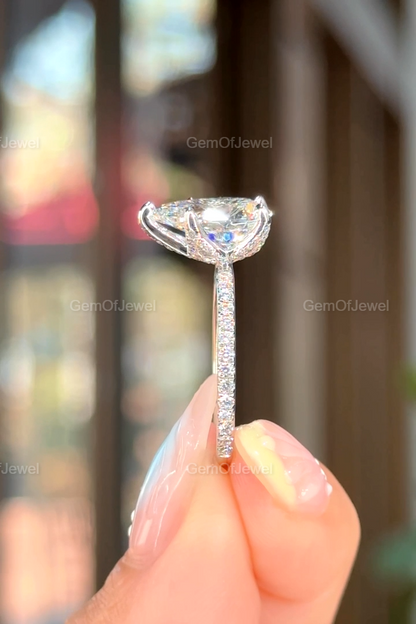3CT Pear Moissanite Engagement Ring, Lotus Prong With Pave Diamond Eternity Band And Pear Cut Moissanite Ring, 3CT Pear Anniversary Gift