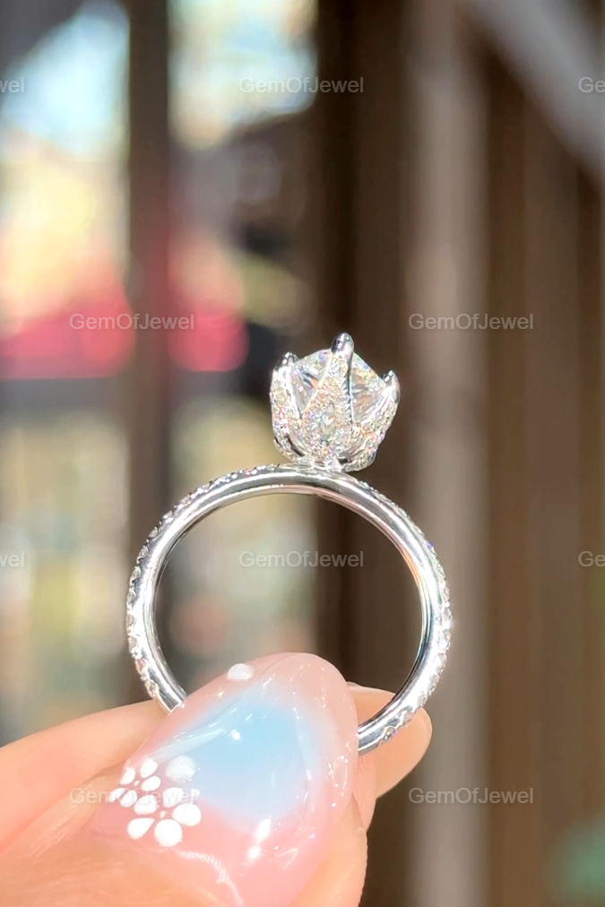 3CT Pear Moissanite Engagement Ring, Lotus Prong With Pave Diamond Eternity Band And Pear Cut Moissanite Ring, 3CT Pear Anniversary Gift