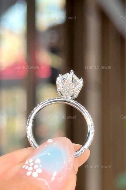 3CT Pear Moissanite Engagement Ring, Lotus Prong With Pave Diamond Eternity Band And Pear Cut Moissanite Ring, 3CT Pear Anniversary Gift