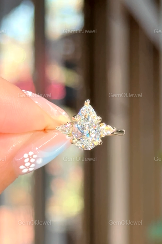 Pear Shape Moissanite Diamond Ring, 3CT Pear Three Stone Engagement Ring With Side Pear Cut Moissanite Ring, Anniversary Ring, Pear Cut Ring