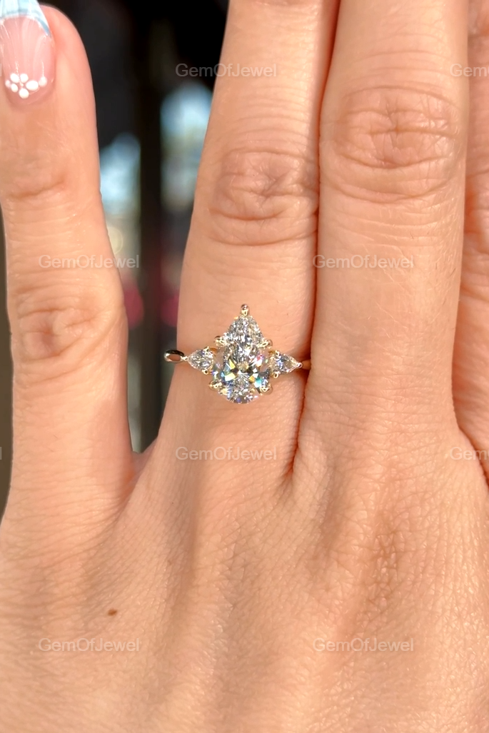 Pear Shape Moissanite Diamond Ring, 3CT Pear Three Stone Engagement Ring With Side Pear Cut Moissanite Ring, Anniversary Ring, Pear Cut Ring