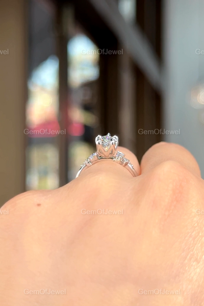 1.5 ct Pear Cut Diamond Ring, Pear Cut Moissanite Ring, 14K Solid Gold Engagement Ring With  Round Side Diamond Solitaire Ring, Cluster Ring