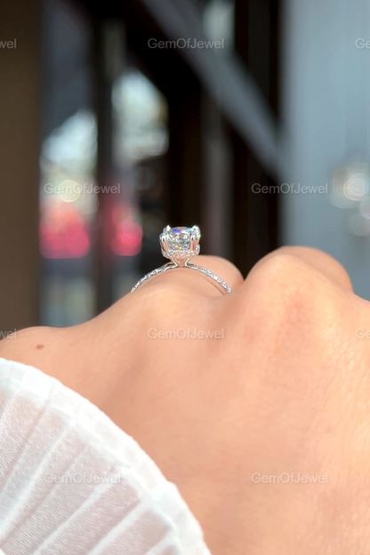 1CT Round Moissanite Diamond Ring, Round Moissanite Engagement Ring With Hidden Halo And Pave Half Eternity Band, Round Cut Diamond Ring
