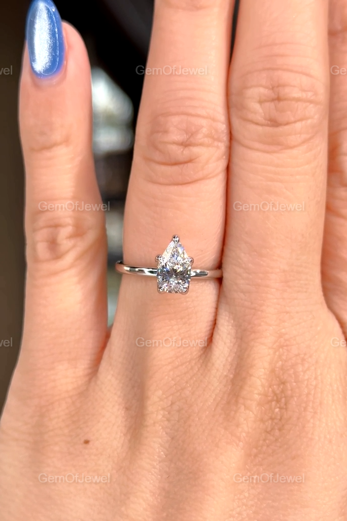 Pear Moissanite Diamond Tulip Prong Engagement Ring, Petal Prong 1CT Pear Solitaire Moissanite Ring For Her, Pear Moissanite Diamond Ring