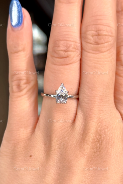 Pear Moissanite Diamond Tulip Prong Engagement Ring, Petal Prong 1CT Pear Solitaire Moissanite Ring For Her, Pear Moissanite Diamond Ring